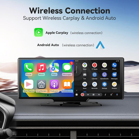 10.26" Portable Wireless Carplay/Auto Android Screen, 4K Dash Camera, GPS Navigation, AUX/FM (64GB SD Card)