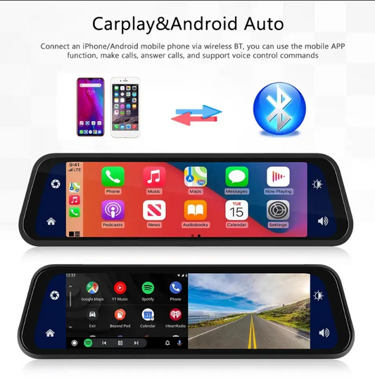 9.66" Mirror Screen Dash Camera with Android/Carplay, 4K Resolution (64GB SD Card)
