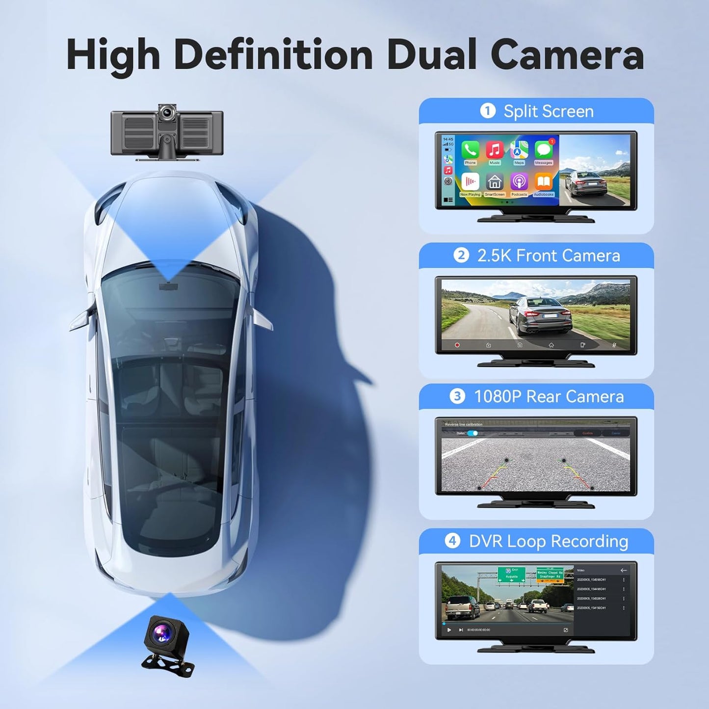 10.26" Portable Wireless Carplay/Auto Android Screen, 4K Dash Camera, GPS Navigation, AUX/FM (64GB SD Card)