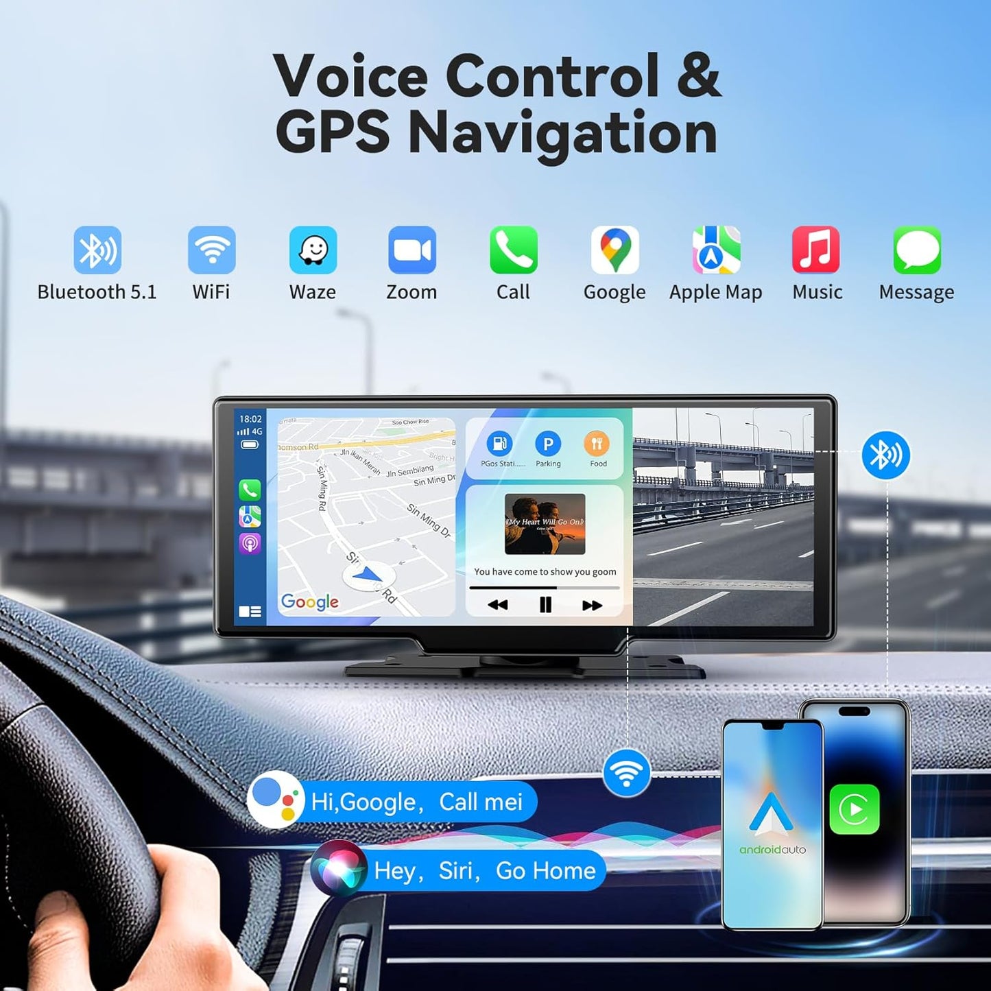 10.26" Portable Wireless Carplay/Auto Android Screen, 4K Dash Camera, GPS Navigation, AUX/FM (64GB SD Card)