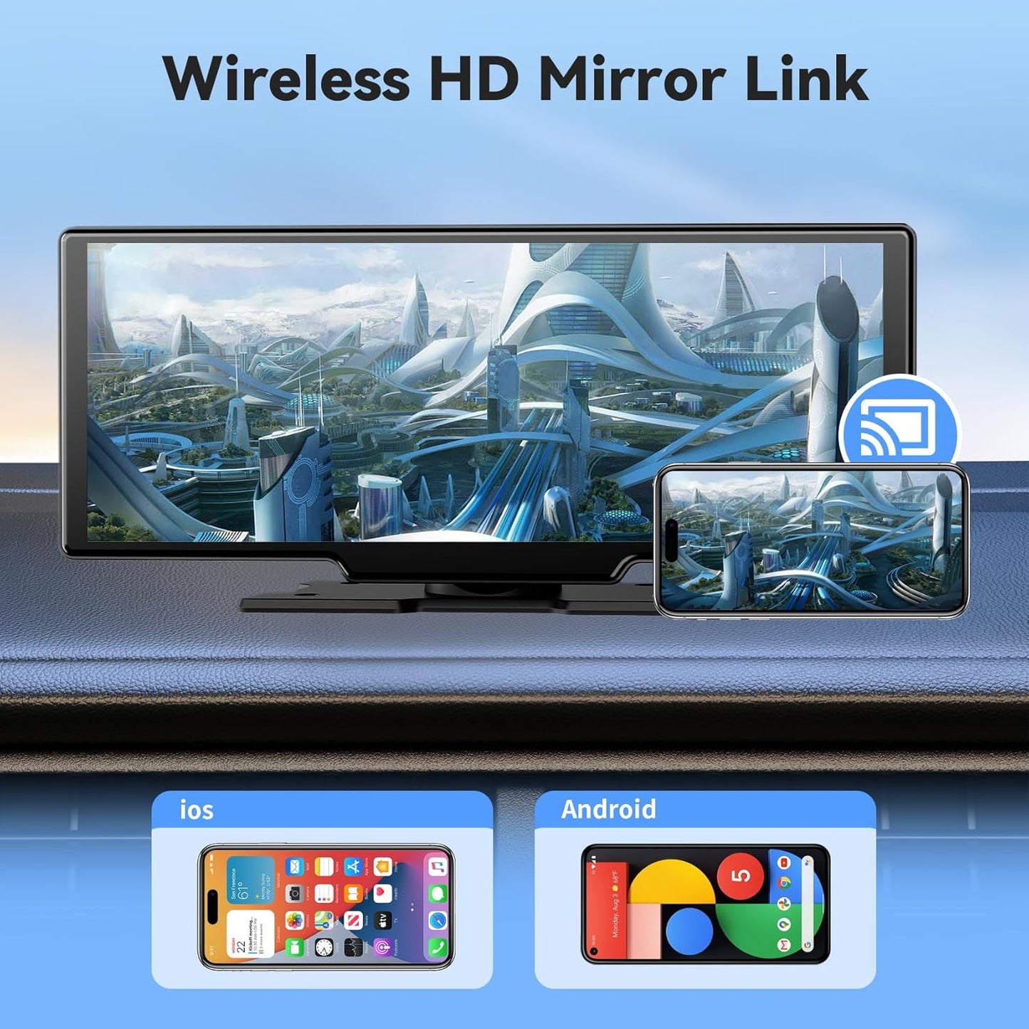 10.26" Portable Wireless Carplay/Auto Android Screen, 4K Dash Camera, GPS Navigation, AUX/FM (64GB SD Card)