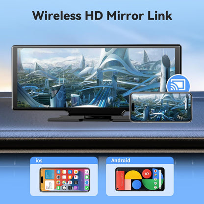 10.26" Portable Wireless Carplay/Auto Android Screen, 4K Dash Camera, GPS Navigation, AUX/FM (64GB SD Card)