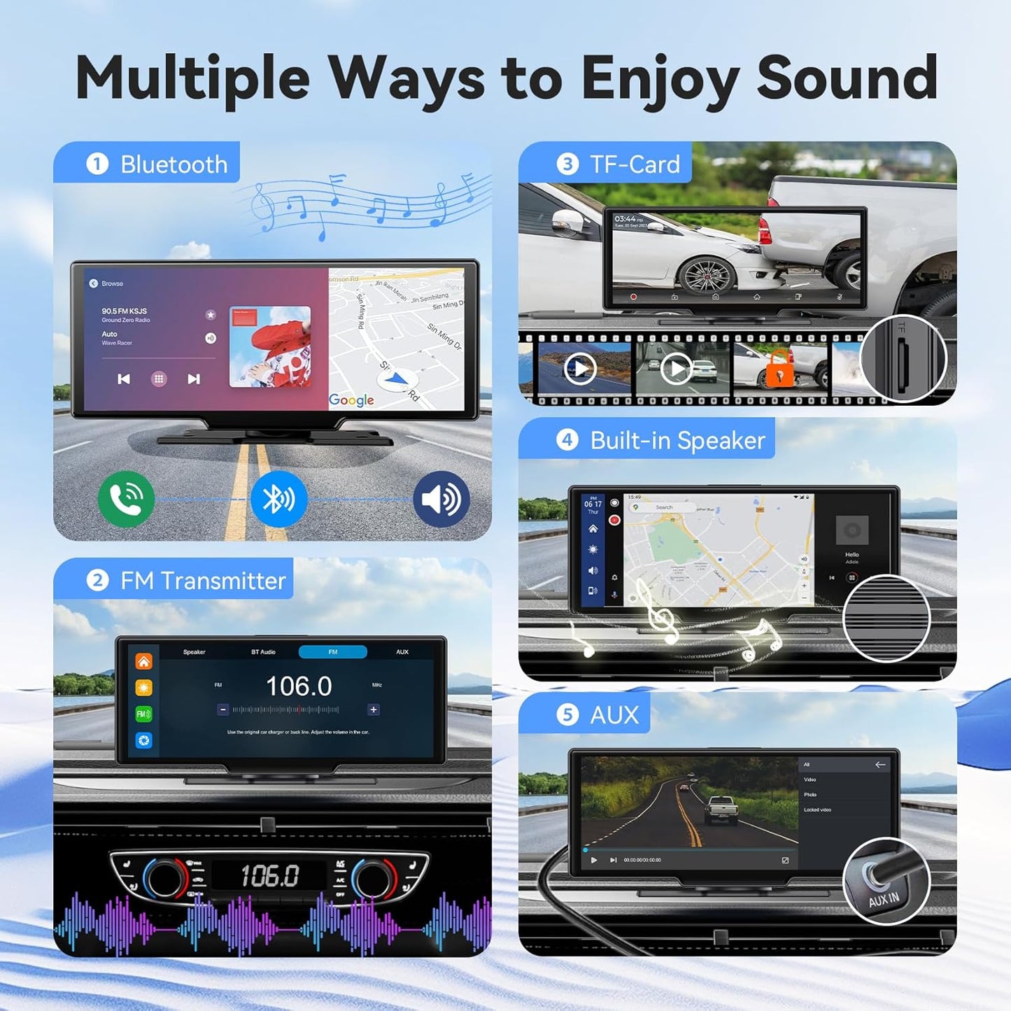 10.26" Portable Wireless Carplay/Auto Android Screen, 4K Dash Camera, GPS Navigation, AUX/FM (64GB SD Card)