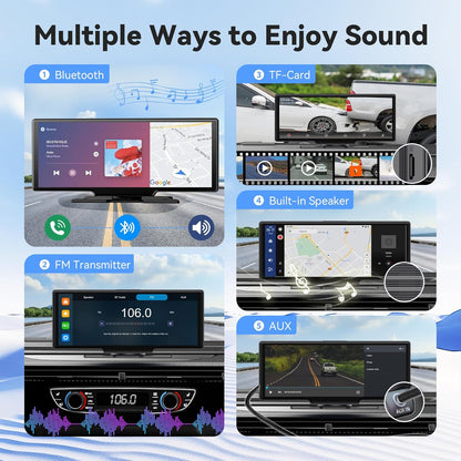 10.26" Portable Wireless Carplay/Auto Android Screen, 4K Dash Camera, GPS Navigation, AUX/FM (64GB SD Card)