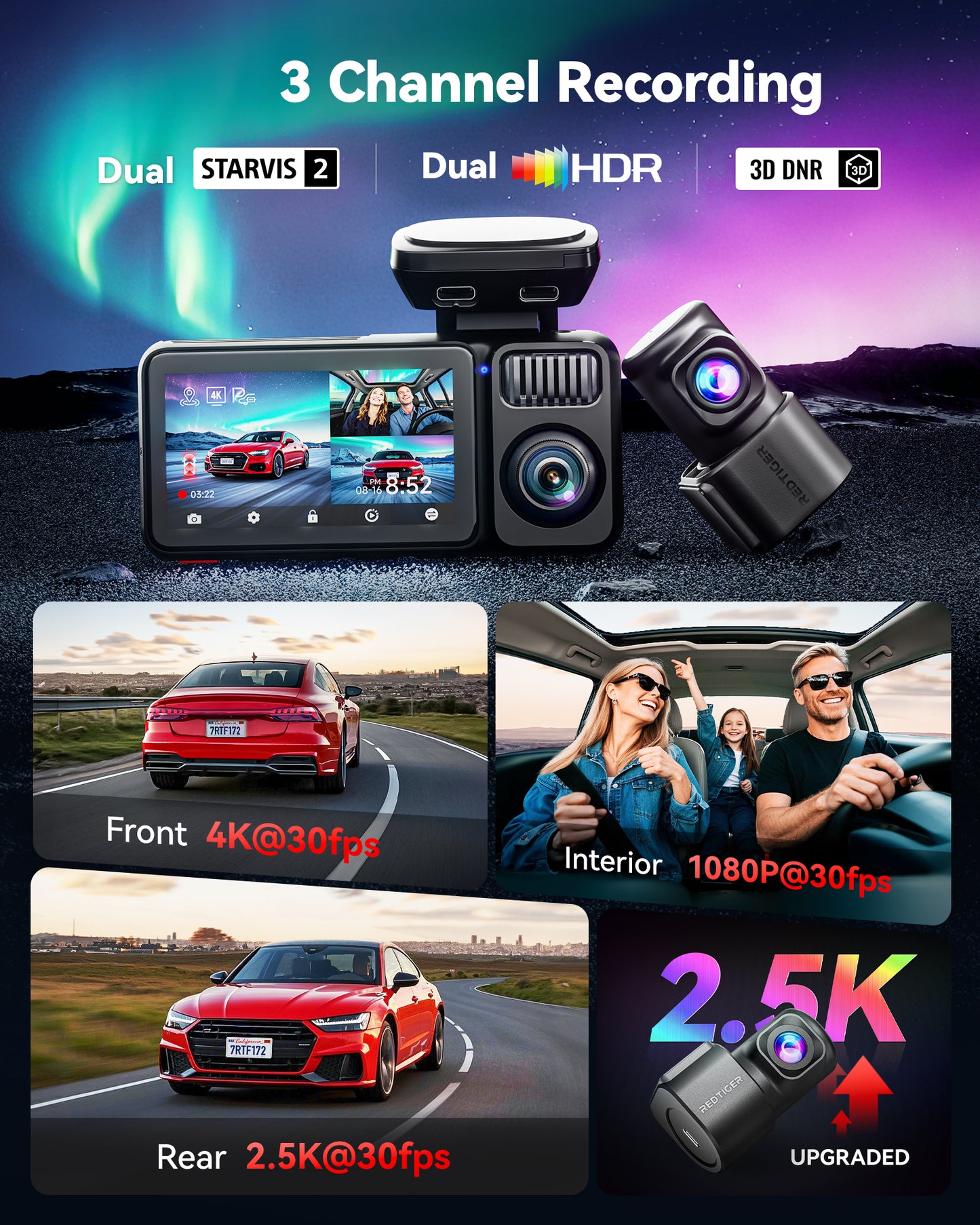 Redtiger F17 Elite 3 Channel Dash Camera (128GB Card SD Card)