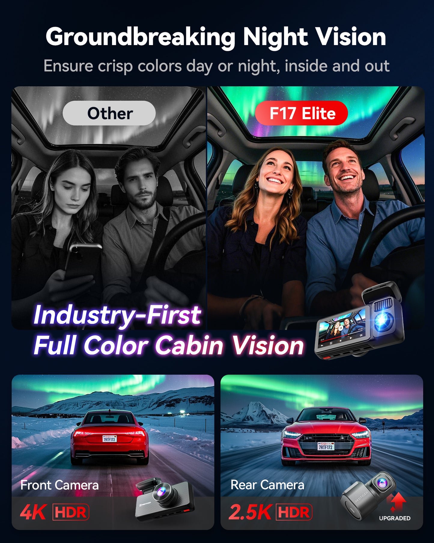 Redtiger F17 Elite 3 Channel Dash Camera (128GB Card SD Card)