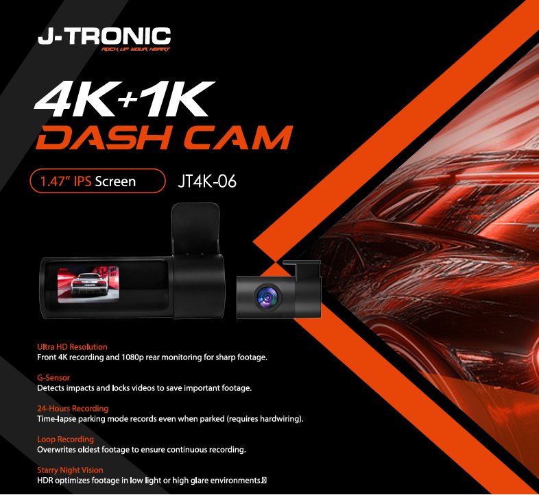 JT-4K-06 Ultra HD 2- Channel Dash Camera (64 GB SD Card)