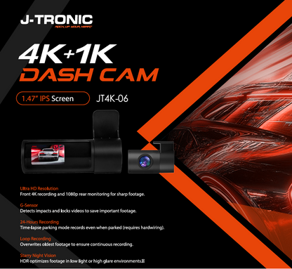 JT-4K-06 Ultra HD 2- Channel Dash Camera (64 GB SD Card)