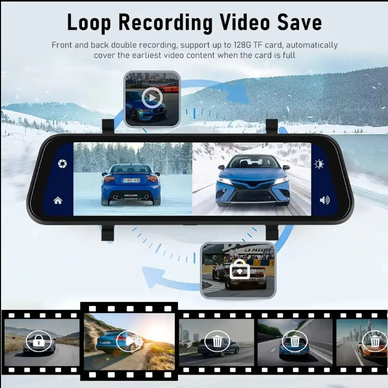 9.66" Mirror Screen Dash Camera with Android/Carplay, 4K Resolution (64GB SD Card)